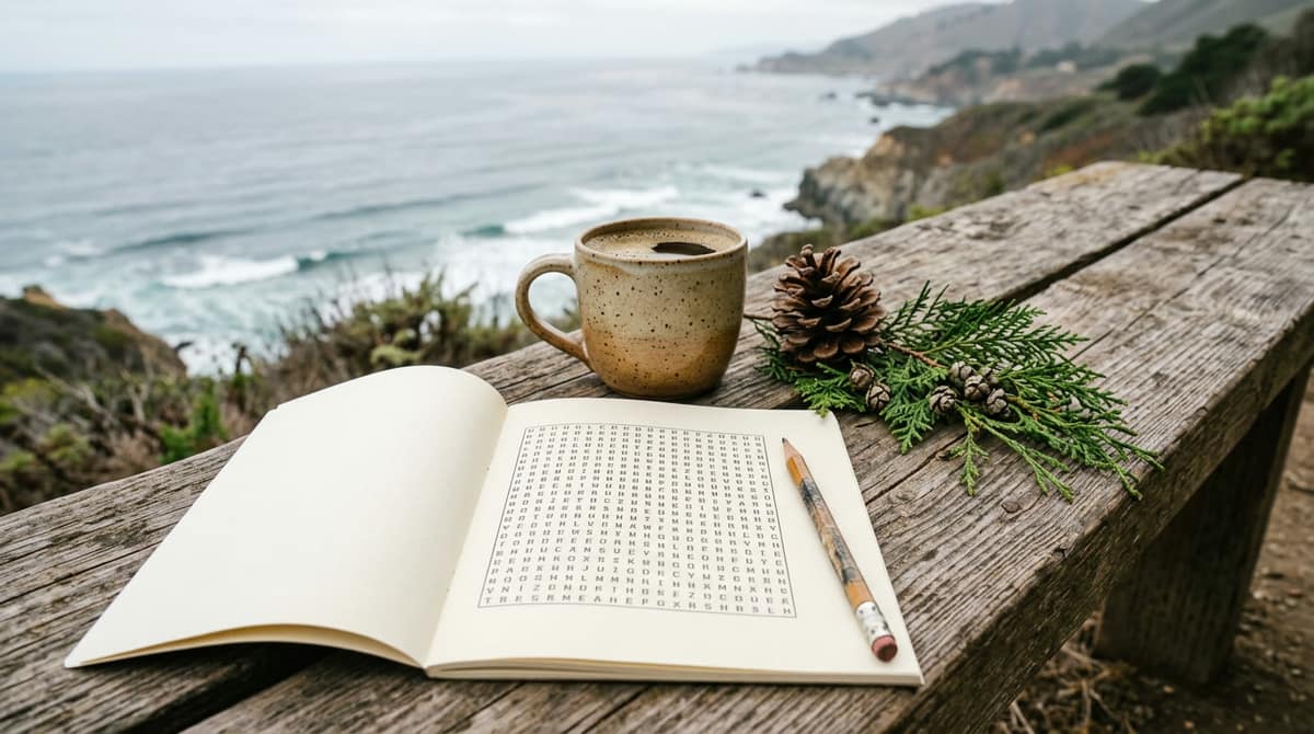 A word search, a pencil, coffee and a pine cone on a bench by the sea