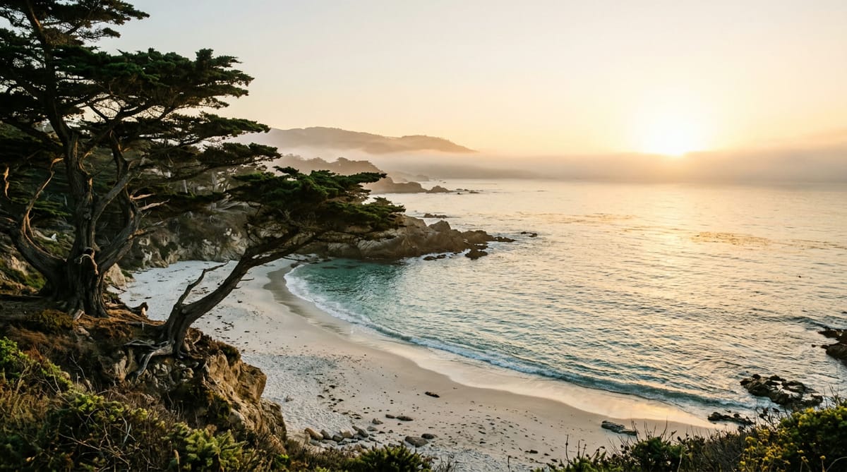 Wind-shaped cypress trees above a white-sand cove at sunset