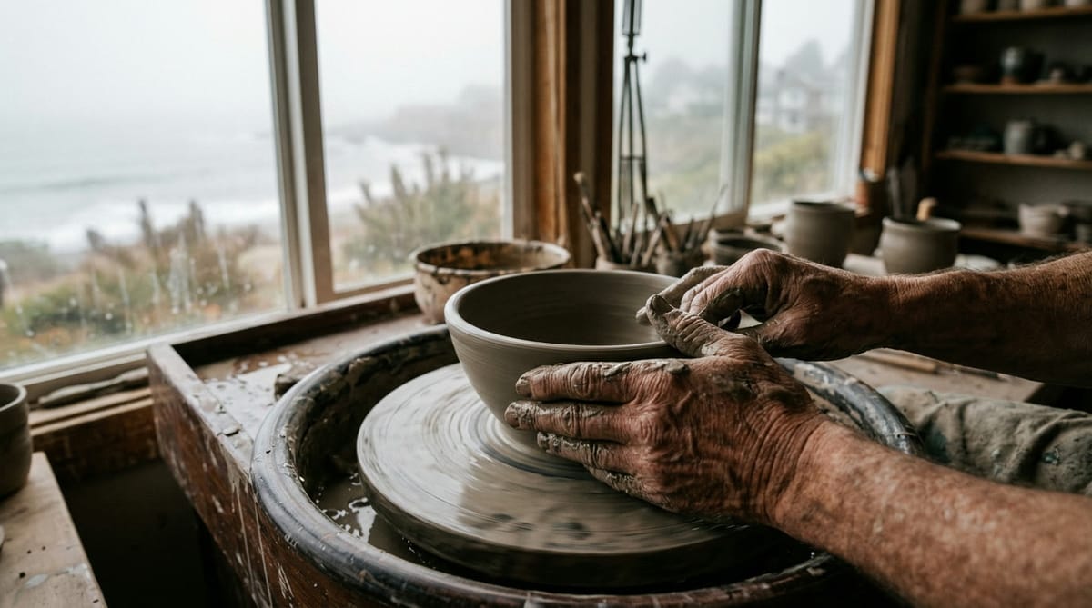Hands shaping a bowl on a potter's wheel in a coastal studio