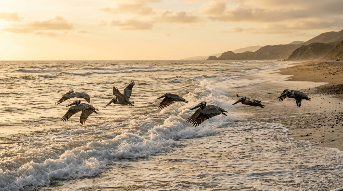 Brown pelicans skimming low over the surf