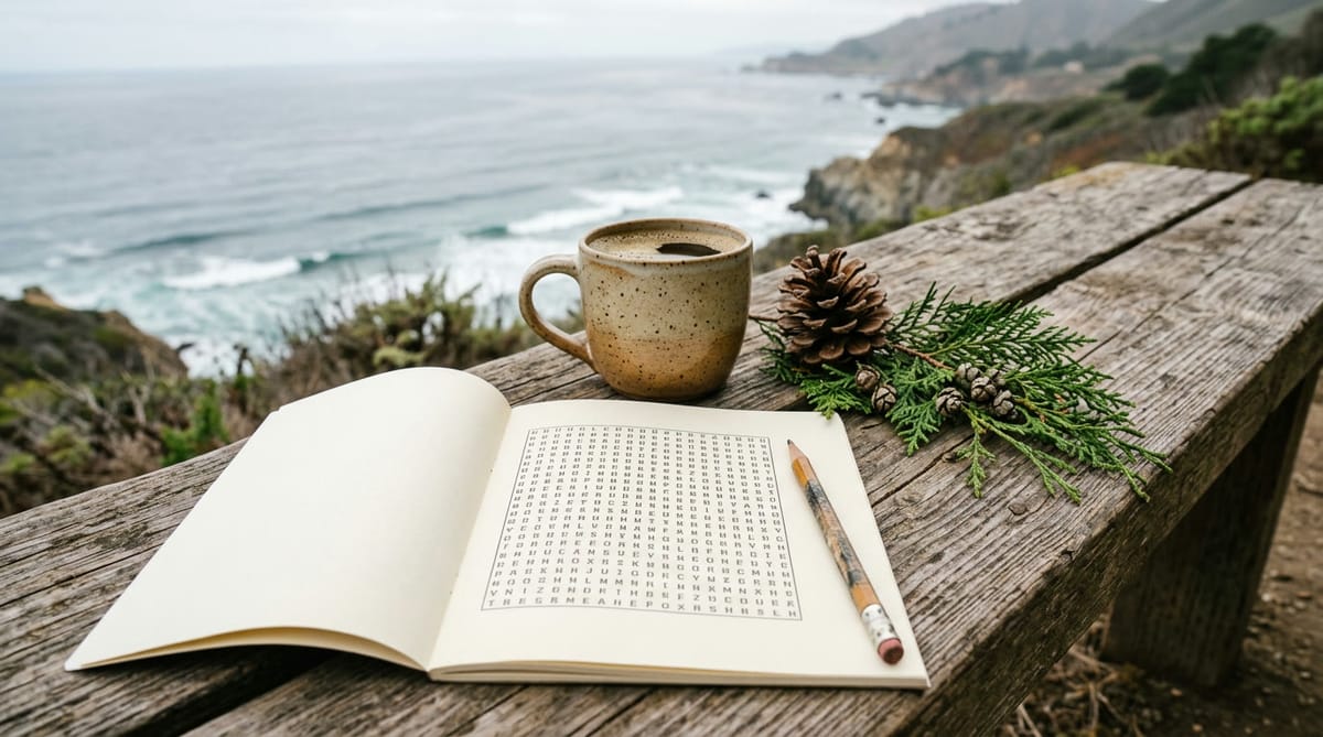 A word search, a pencil, coffee and a pine cone on a bench by the sea