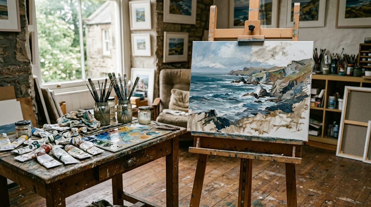 An easel and paints in a small gallery studio